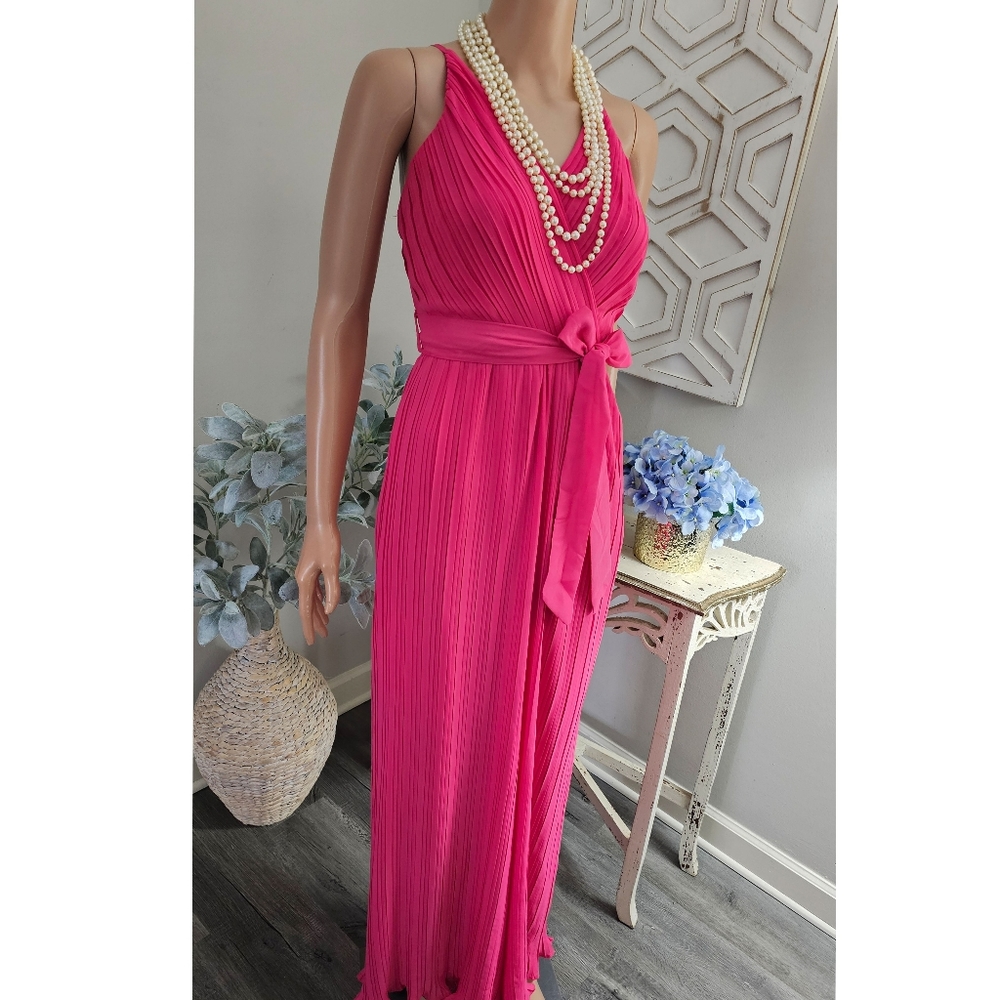 Beyond Words Hot Pink Strappy Pleated Wide Legs V-neck Jumpsuit Size XS